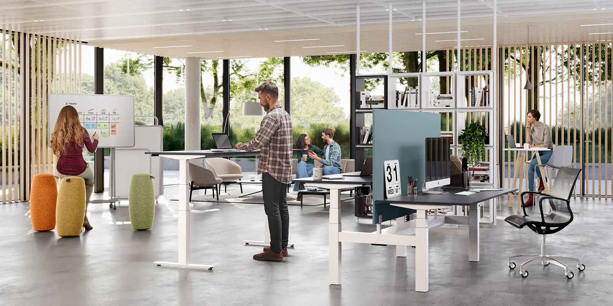 open space zen avec mobilier confortable, plantes et couleurs apaisantes pour créer un espace de travail anti-stress