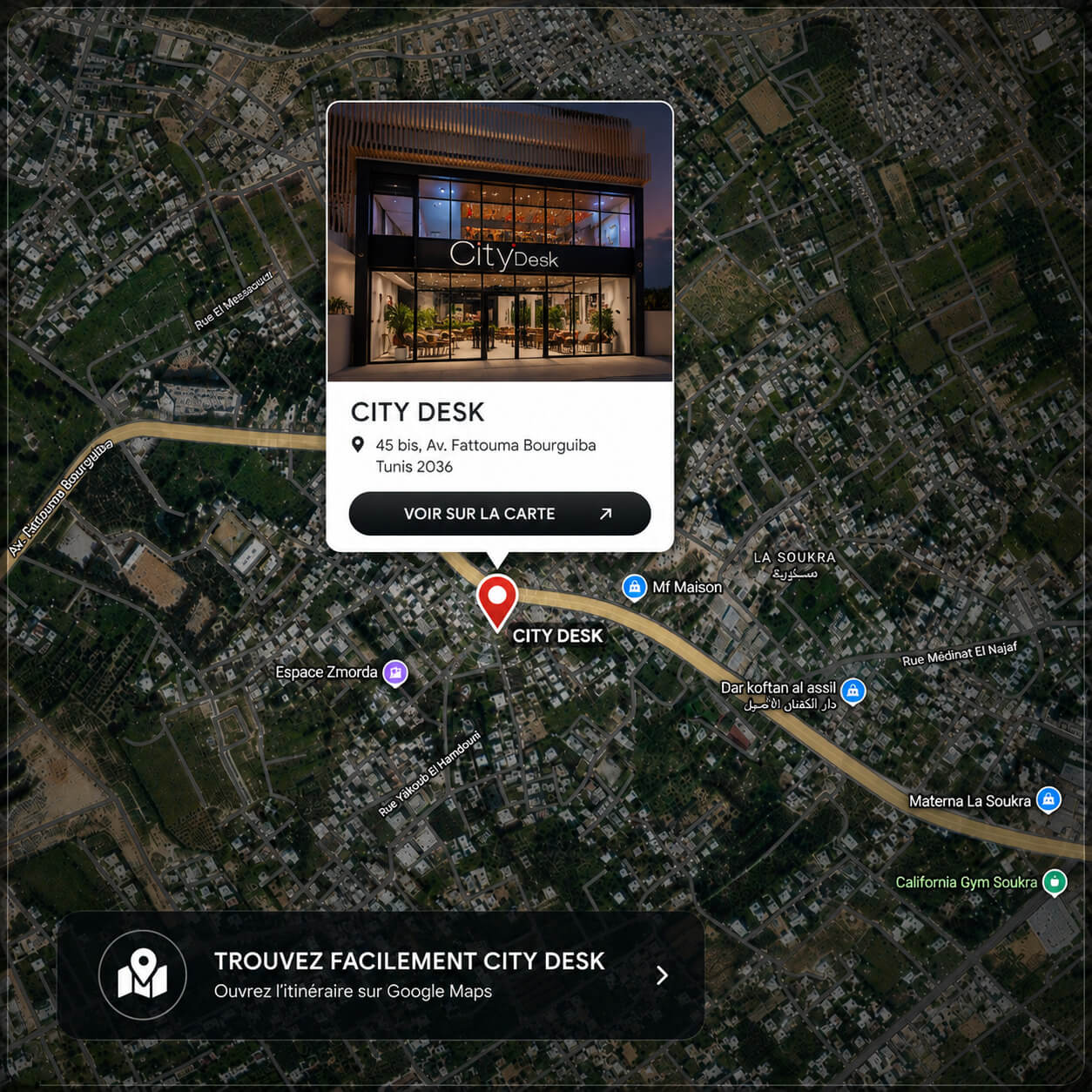 localisation de notre showroom de meuble de bureau à soukra tunis