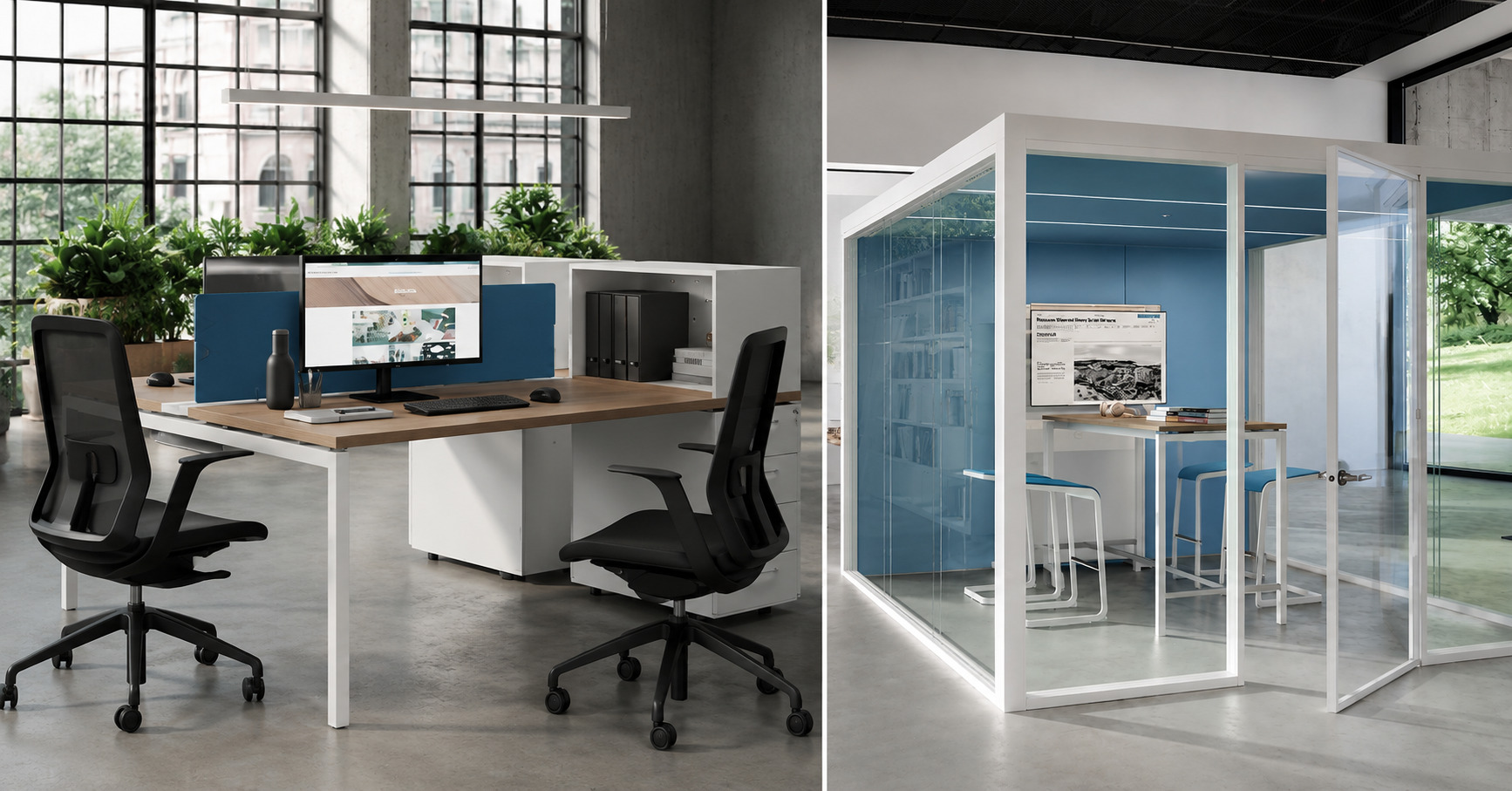 cabine acoustique fermé vs bureau bench  avec sépération acoustique