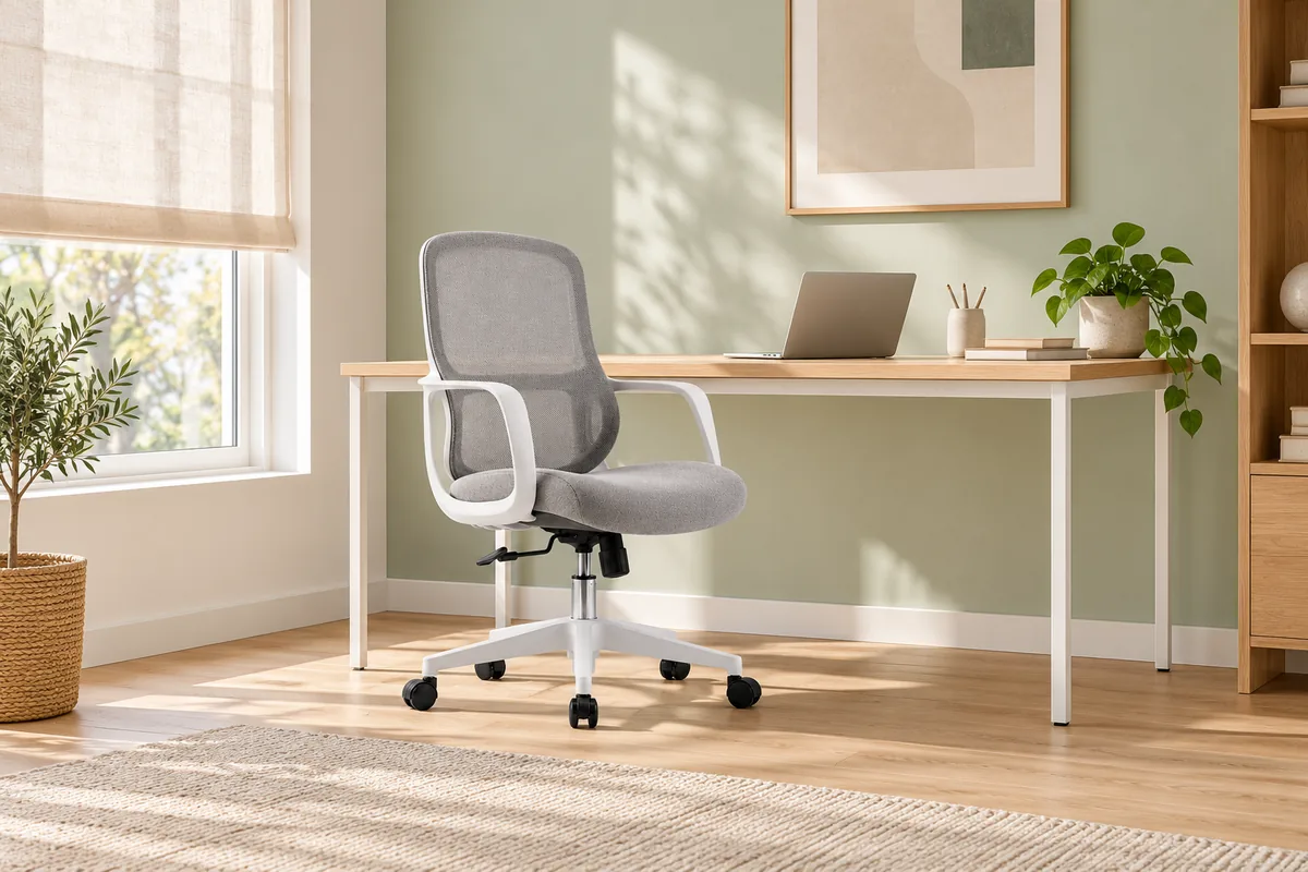Chaise de bureau opérationnelle GLORIA grise et blanche près d’un bureau en bois clair