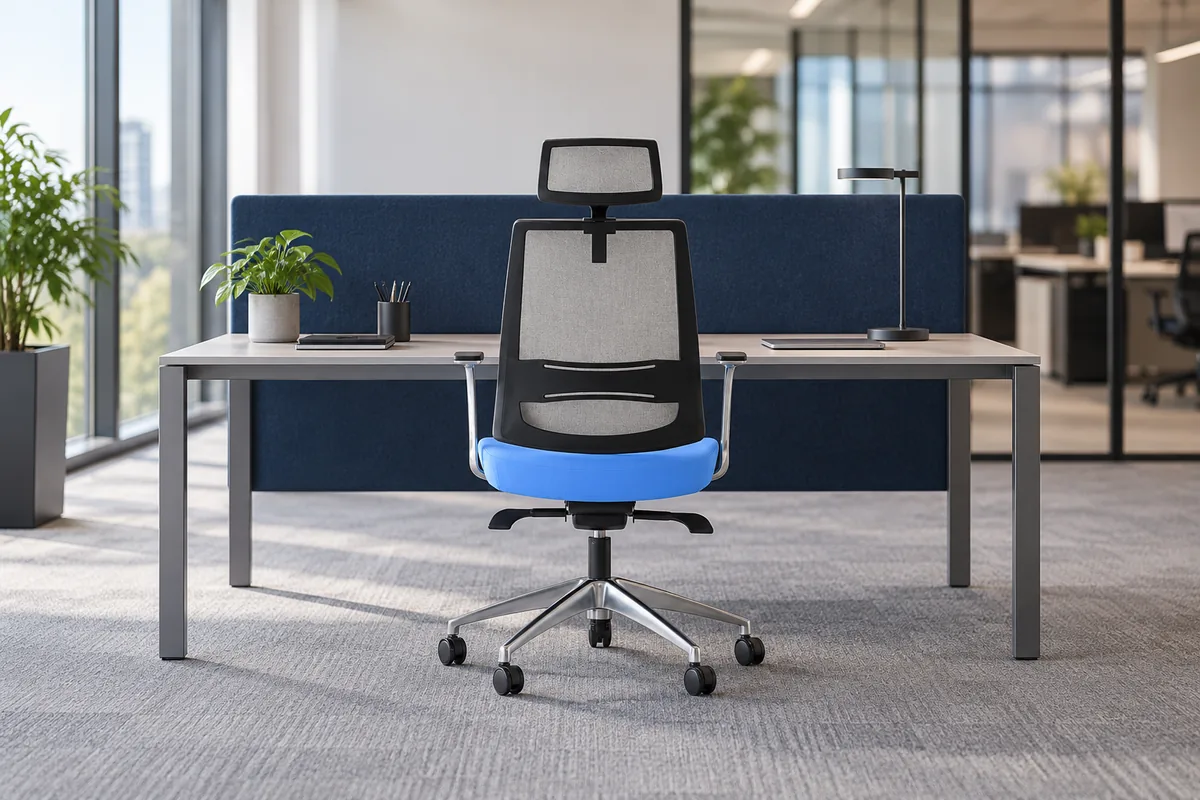 Chaise de bureau opérationnelle MERCUR à assise bleue et appui-tête en résille