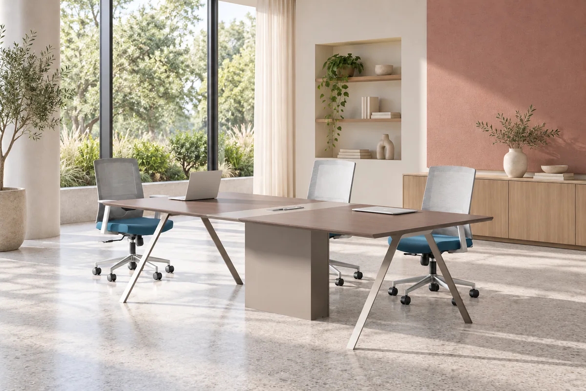 Table de réunion rectangulaire AURA avec pieds métalliques inclinés et panneau central grège