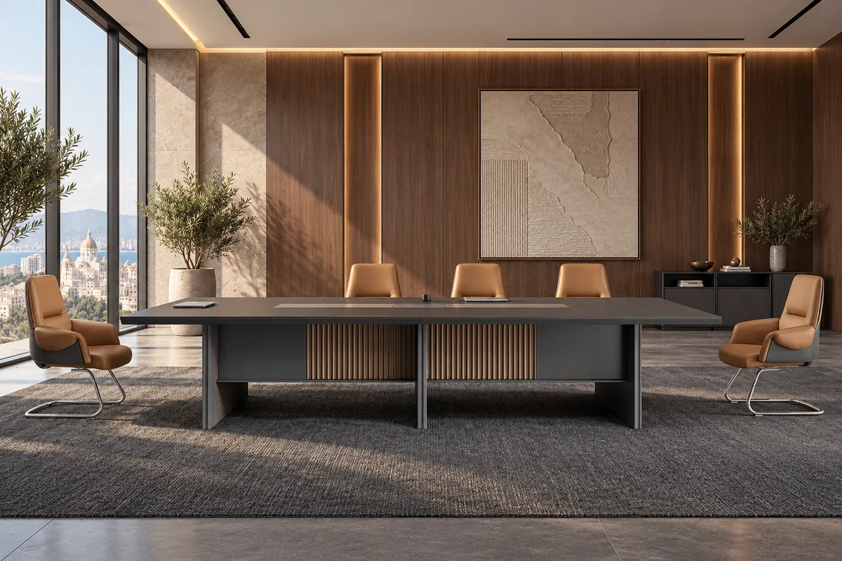 Table de réunion rectangulaire AXIS avec façade anthracite et inserts à lattes de bois verticales