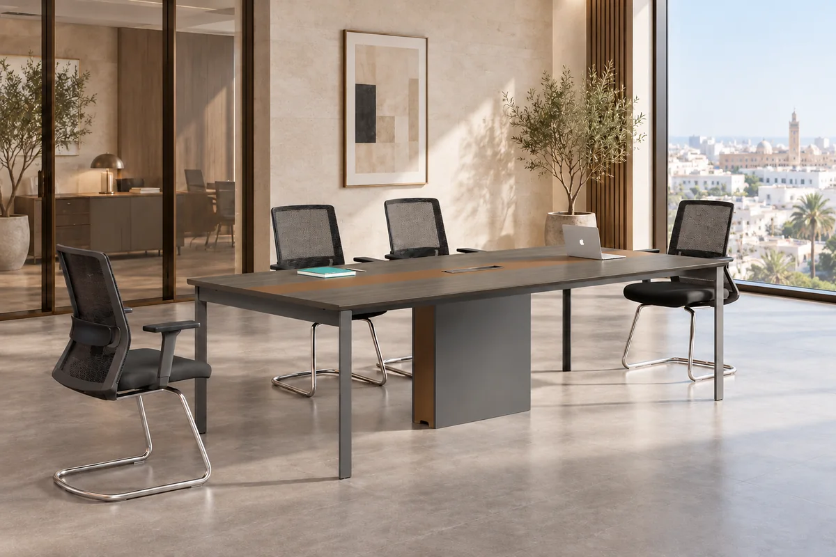 Table de réunion rectangulaire STRUCTA au plateau sombre avec bande centrale bois et piétement fin