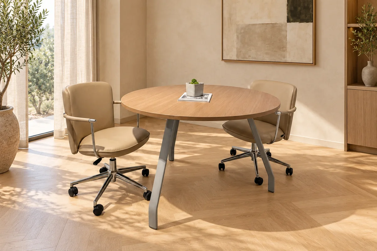 Table de réunion ronde ALTO finition chêne clair avec piétement métallique incliné