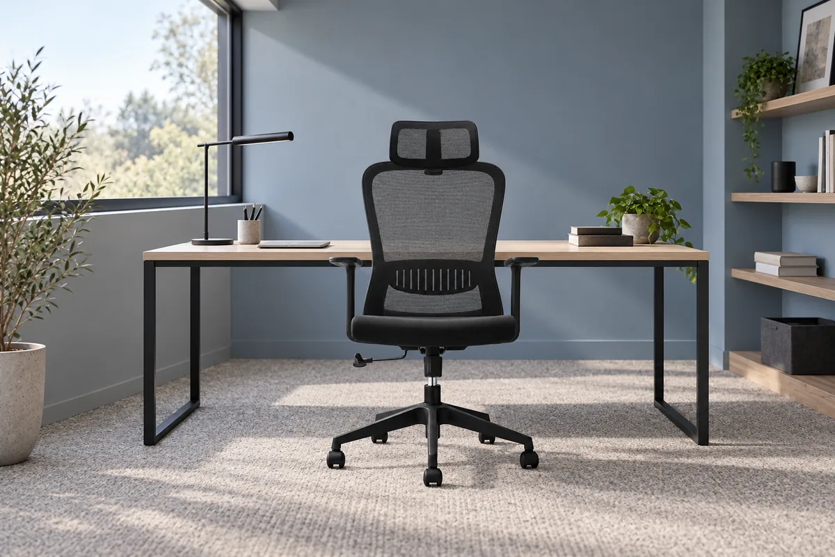 Chaise de bureau opérationnelle Velora noire mise en scène près d’un bureau en bois clair